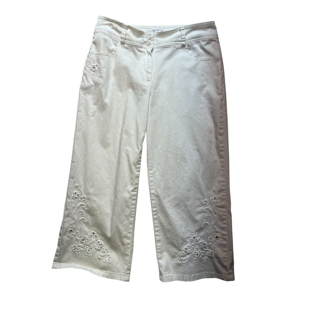 Coldwater Creek Womens Wide Leg Capri Pants Size 6P White Floral Casual Summer